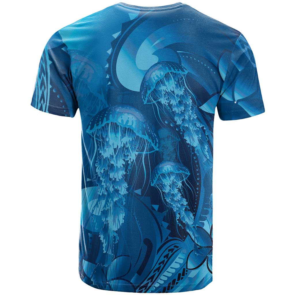 Blue Gradient Polynesia Jellyfish T Shirt Plumeria Polynesian Tattoo Glowing Vibes LT14 - Polynesian Pride