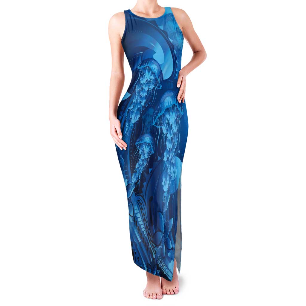 Blue Gradient Polynesia Jellyfish Tank Maxi Dress Plumeria Polynesian Tattoo Glowing Vibes LT14 Women Blue - Polynesian Pride