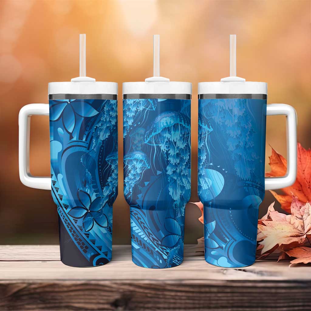 Blue Gradient Polynesia Jellyfish Tumbler With Handle Plumeria Polynesian Tattoo Glowing Vibes LT14 - Polynesian Pride