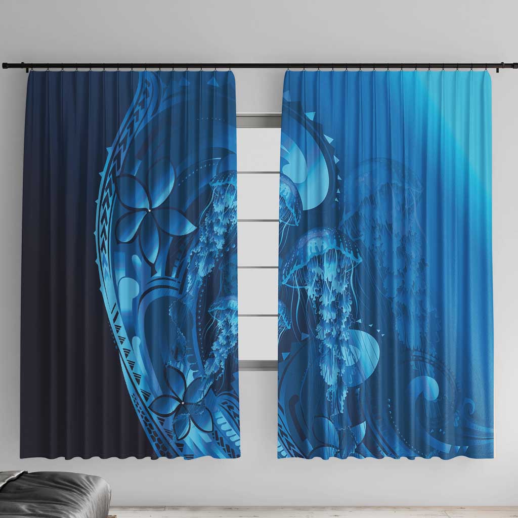 Blue Gradient Polynesia Jellyfish Window Curtain Plumeria Polynesian Tattoo Glowing Vibes LT14 With Hooks Blue - Polynesian Pride