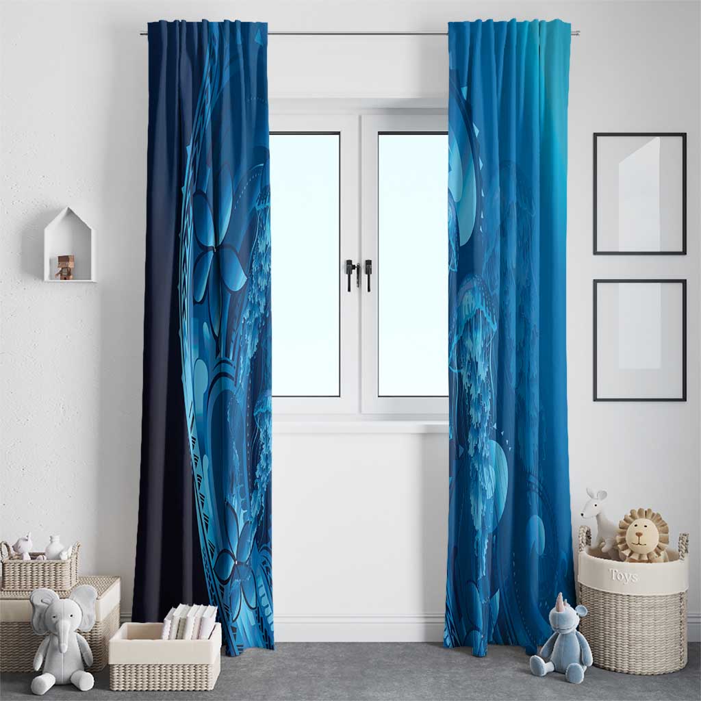 Blue Gradient Polynesia Jellyfish Window Curtain Plumeria Polynesian Tattoo Glowing Vibes LT14 - Polynesian Pride