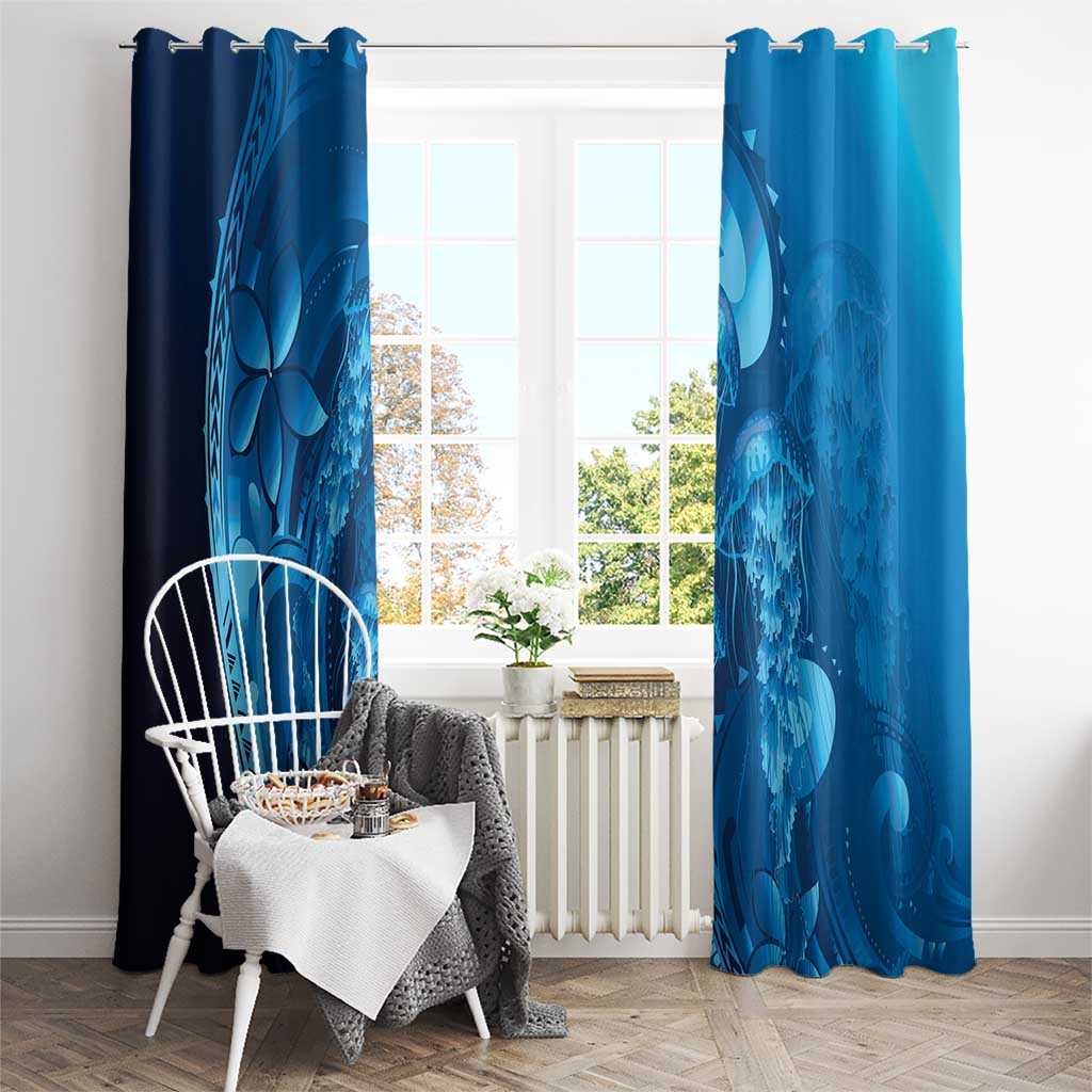 Blue Gradient Polynesia Jellyfish Window Curtain Plumeria Polynesian Tattoo Glowing Vibes LT14 - Polynesian Pride