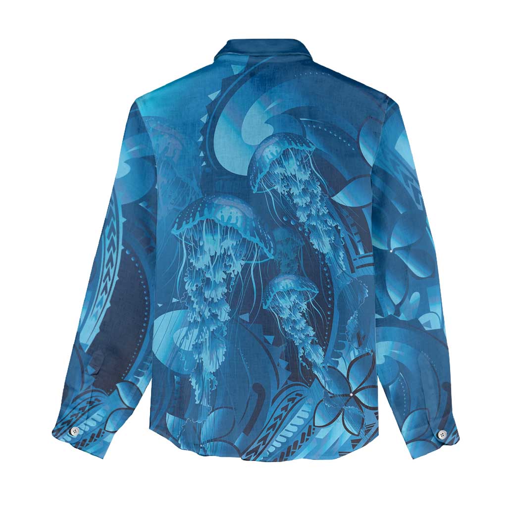 Blue Gradient Polynesia Jellyfish Women Casual Shirt Plumeria Polynesian Tattoo Glowing Vibes LT14 - Polynesian Pride