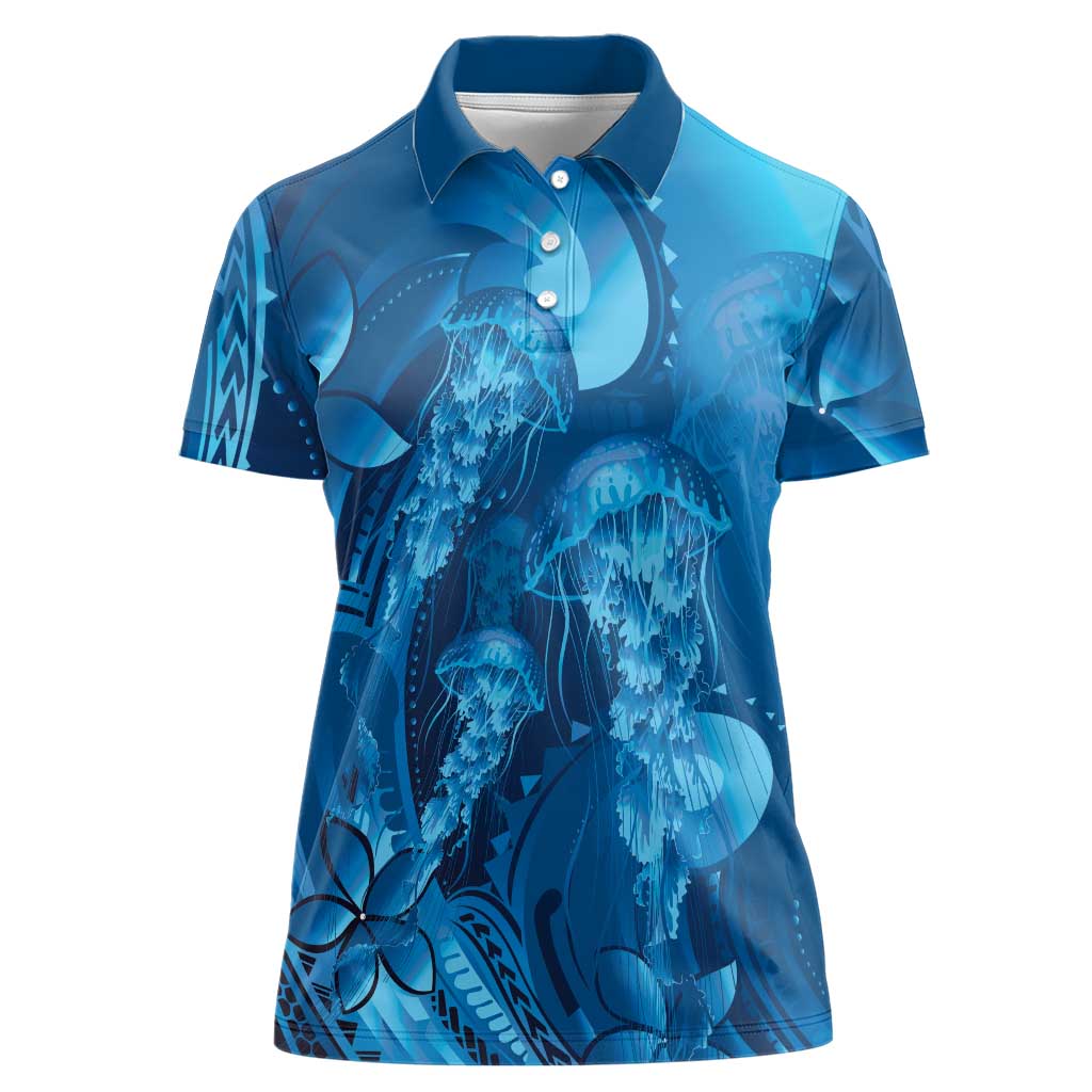 Blue Gradient Polynesia Jellyfish Women Polo Shirt Plumeria Polynesian Tattoo Glowing Vibes LT14 Female Blue - Polynesian Pride