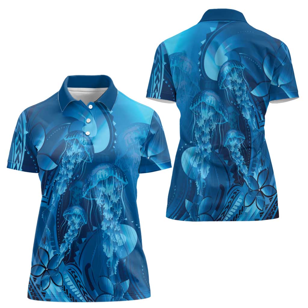 Blue Gradient Polynesia Jellyfish Women Polo Shirt Plumeria Polynesian Tattoo Glowing Vibes LT14 - Polynesian Pride