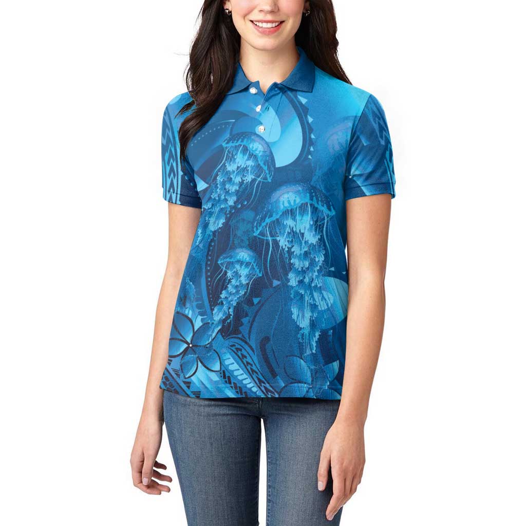 Blue Gradient Polynesia Jellyfish Women Polo Shirt Plumeria Polynesian Tattoo Glowing Vibes LT14 - Polynesian Pride