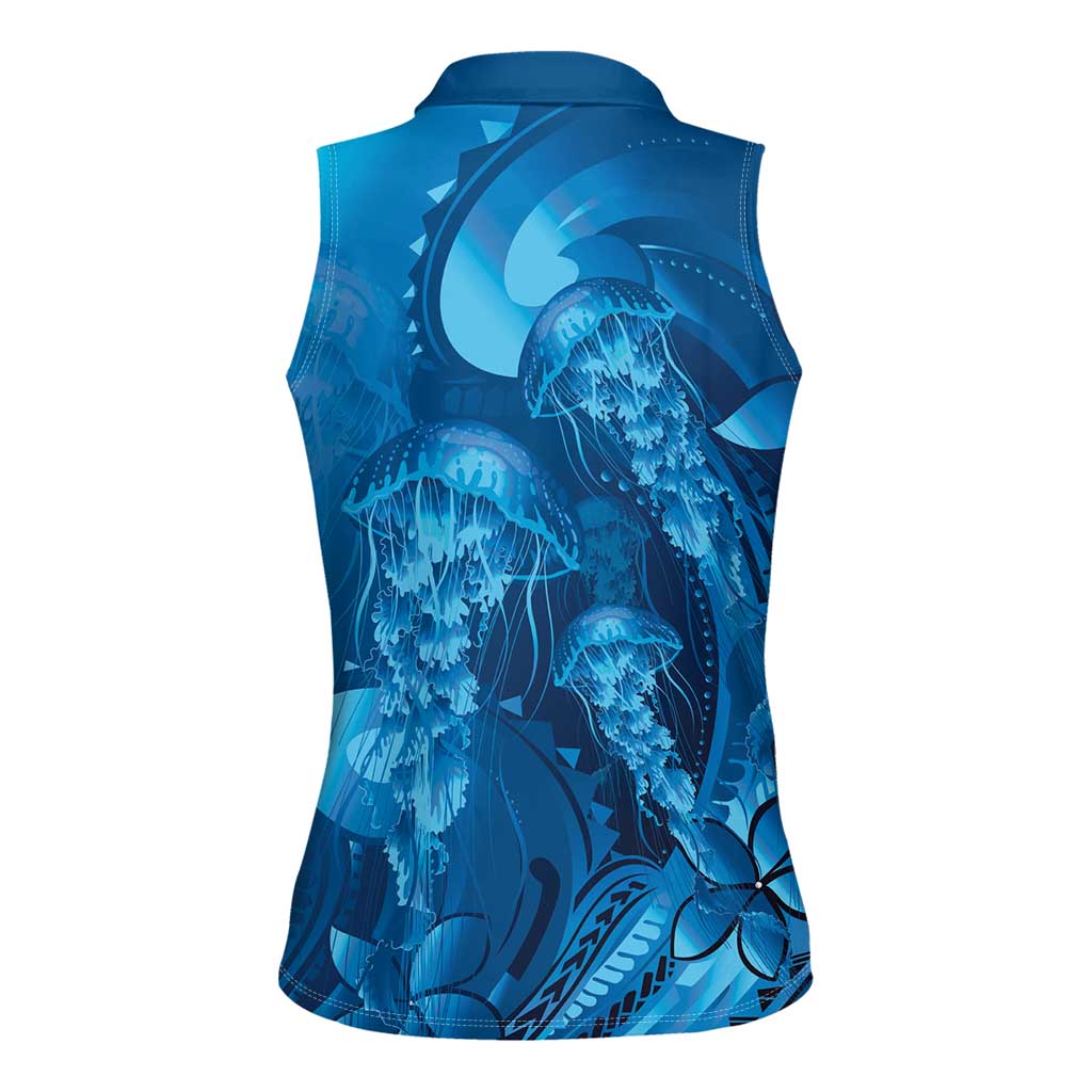 Blue Gradient Polynesia Jellyfish Women Sleeveless Polo Shirt Plumeria Polynesian Tattoo Glowing Vibes LT14 - Polynesian Pride
