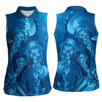 Blue Gradient Polynesia Jellyfish Women Sleeveless Polo Shirt Plumeria Polynesian Tattoo Glowing Vibes LT14 - Polynesian Pride