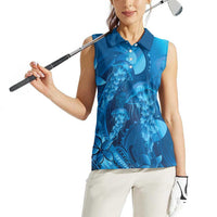Blue Gradient Polynesia Jellyfish Women Sleeveless Polo Shirt Plumeria Polynesian Tattoo Glowing Vibes LT14 - Polynesian Pride