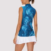 Blue Gradient Polynesia Jellyfish Women Sleeveless Polo Shirt Plumeria Polynesian Tattoo Glowing Vibes LT14 - Polynesian Pride