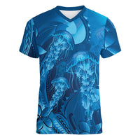 Blue Gradient Polynesia Jellyfish Women V-Neck T-Shirt Plumeria Polynesian Tattoo Glowing Vibes LT14 Female Blue - Polynesian Pride