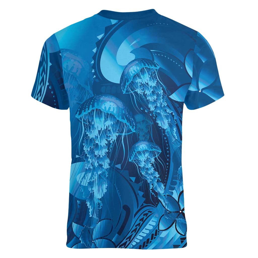 Blue Gradient Polynesia Jellyfish Women V-Neck T-Shirt Plumeria Polynesian Tattoo Glowing Vibes LT14 - Polynesian Pride