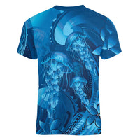 Blue Gradient Polynesia Jellyfish Women V-Neck T-Shirt Plumeria Polynesian Tattoo Glowing Vibes LT14 - Polynesian Pride