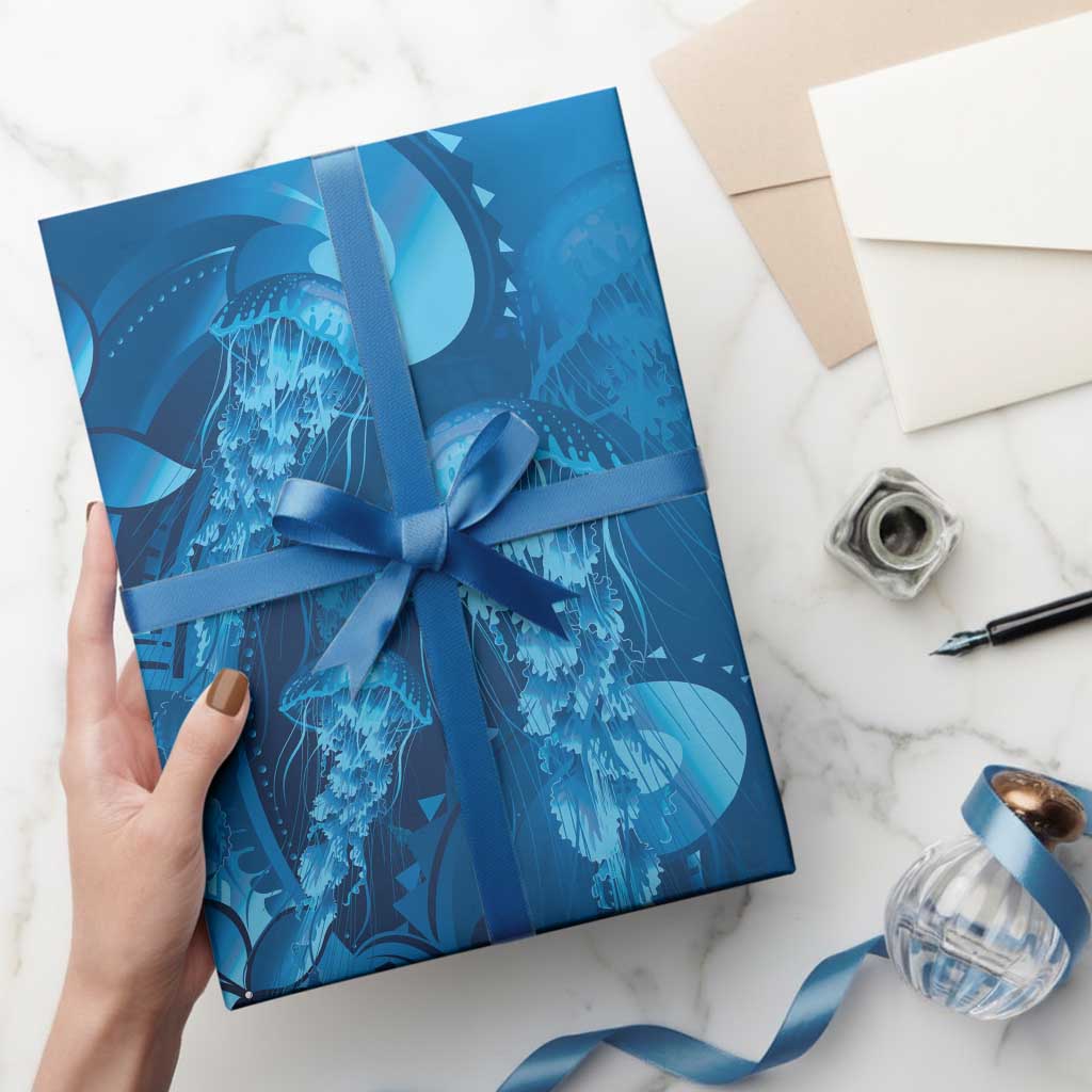 Blue Gradient Polynesia Jellyfish Wrapping Paper Plumeria Polynesian Tattoo Glowing Vibes LT14 - Polynesian Pride