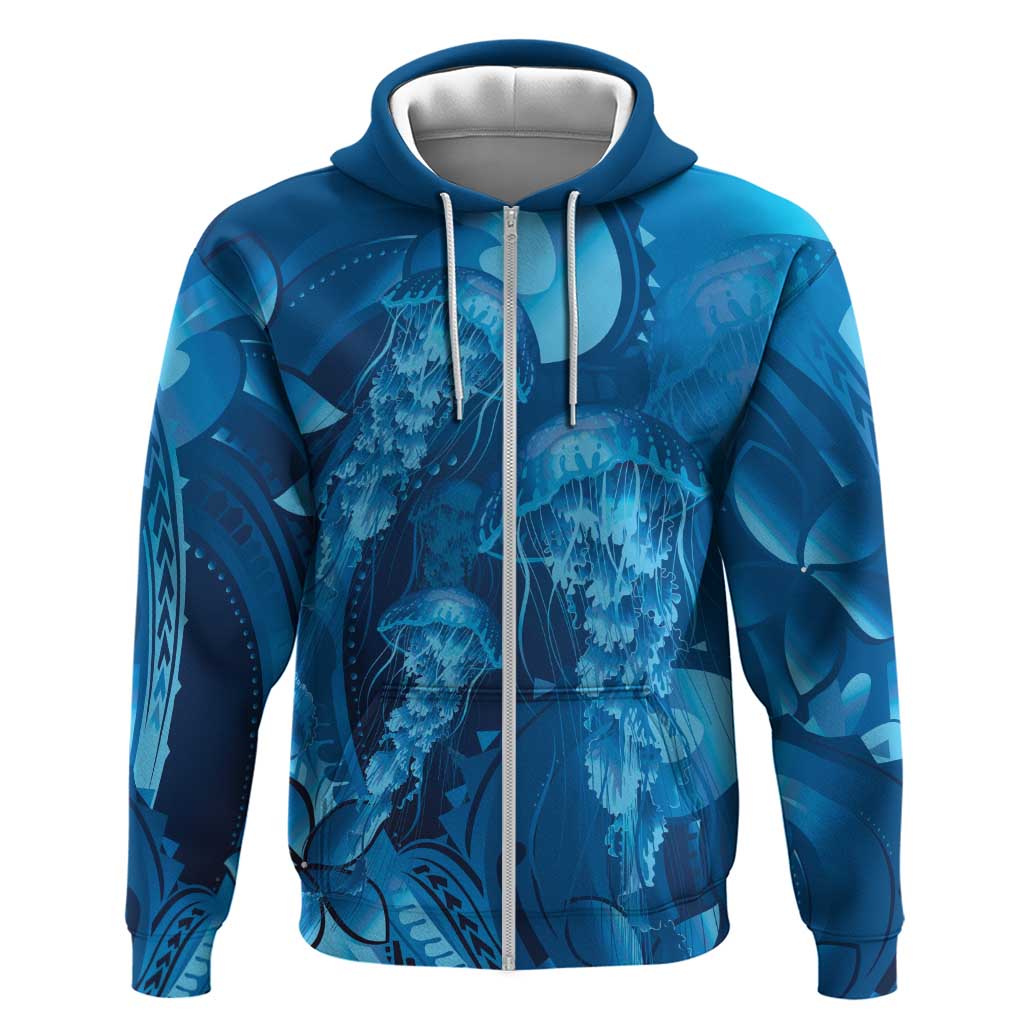 Blue Gradient Polynesia Jellyfish Zip Hoodie Plumeria Polynesian Tattoo Glowing Vibes LT14 Zip Hoodie Blue - Polynesian Pride