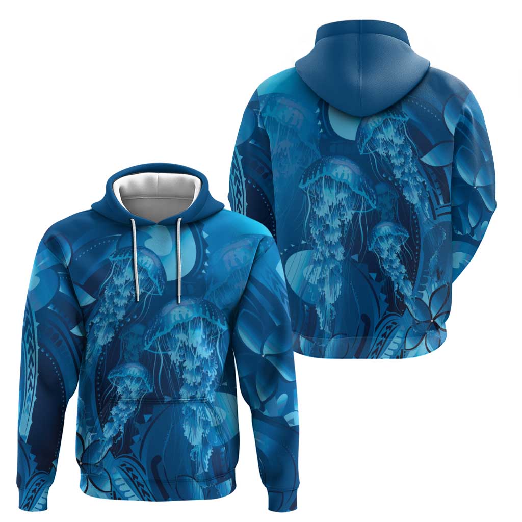 Blue Gradient Polynesia Jellyfish Zip Hoodie Plumeria Polynesian Tattoo Glowing Vibes LT14 - Polynesian Pride