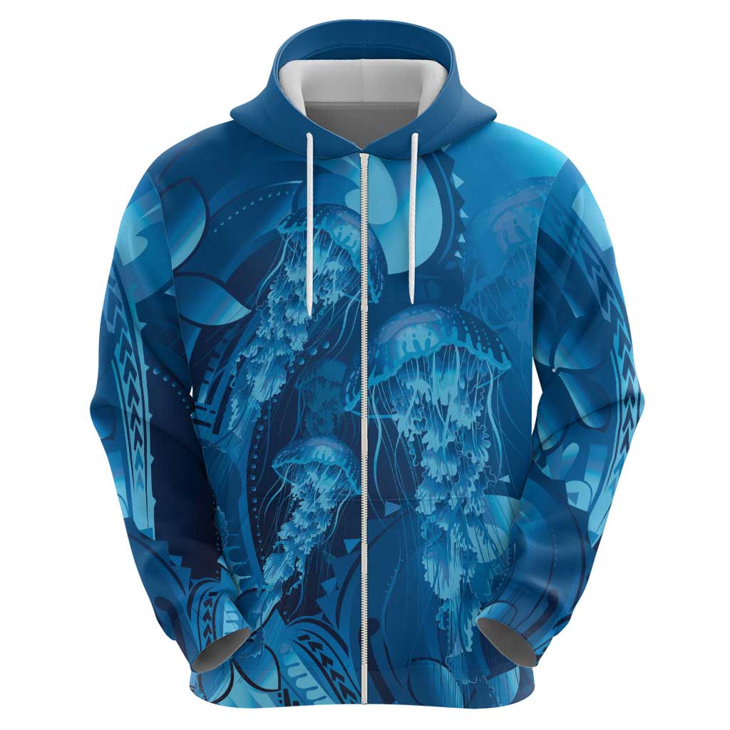 Blue Gradient Polynesia Jellyfish Zip Hoodie Plumeria Polynesian Tattoo Glowing Vibes LT14 - Polynesian Pride