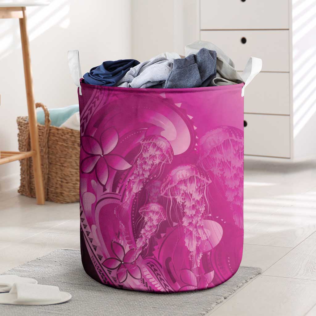 Pink Gradient Polynesia Jellyfish Laundry Basket Plumeria Polynesian Tattoo Glowing Vibes