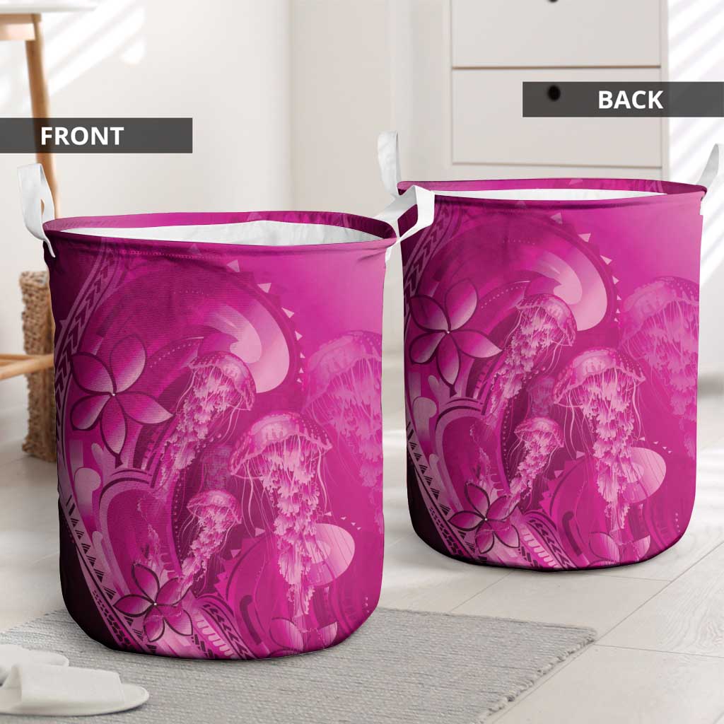Pink Gradient Polynesia Jellyfish Laundry Basket Plumeria Polynesian Tattoo Glowing Vibes