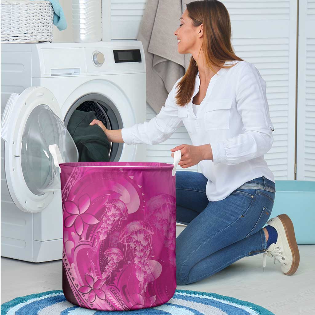 Pink Gradient Polynesia Jellyfish Laundry Basket Plumeria Polynesian Tattoo Glowing Vibes