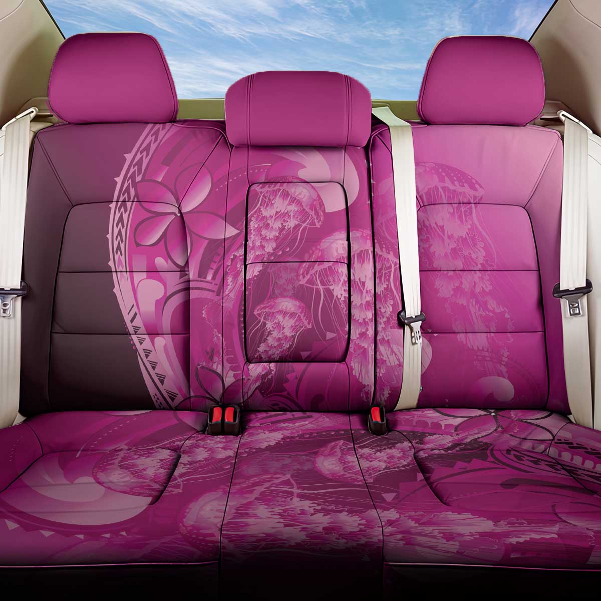 Pink Gradient Polynesia Jellyfish Back Car Seat Cover Plumeria Polynesian Tattoo Glowing Vibes