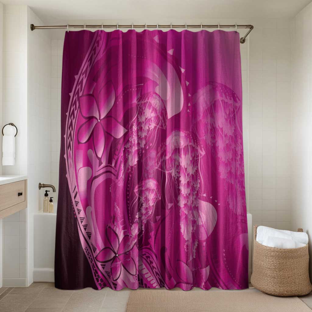 Pink Gradient Polynesia Jellyfish Bathroom Set Plumeria Polynesian Tattoo Glowing Vibes LT14 Shower Curtain Only Pink - Polynesian Pride
