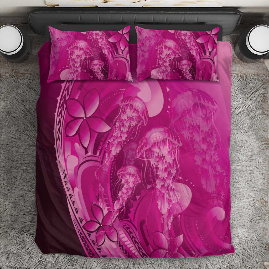 Pink Gradient Polynesia Jellyfish Bedding Set Plumeria Polynesian Tattoo Glowing Vibes LT14 Pink - Polynesian Pride