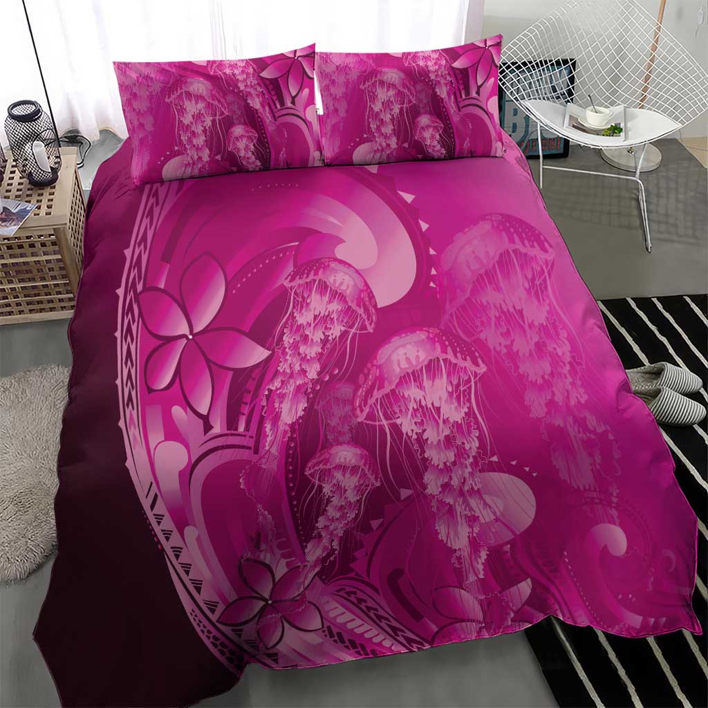 Pink Gradient Polynesia Jellyfish Bedding Set Plumeria Polynesian Tattoo Glowing Vibes LT14 - Polynesian Pride