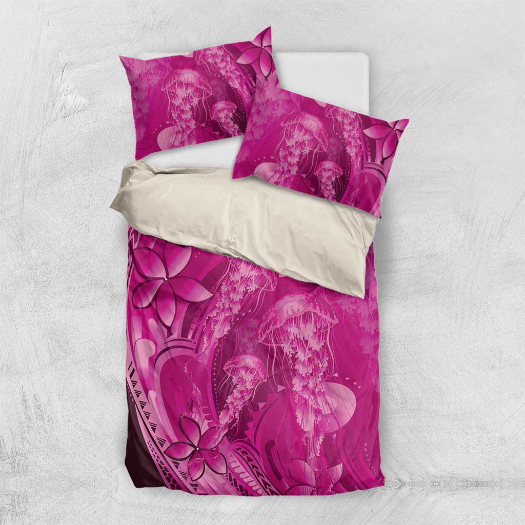 Pink Gradient Polynesia Jellyfish Bedding Set Plumeria Polynesian Tattoo Glowing Vibes LT14 US Twin 172cm x 218cm Pink - Polynesian Pride
