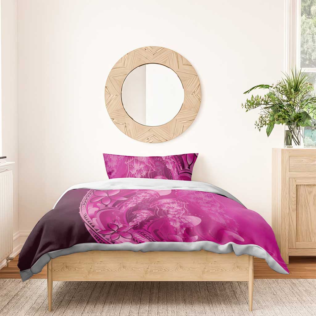 Pink Gradient Polynesia Jellyfish Bedding Set Plumeria Polynesian Tattoo Glowing Vibes LT14 - Polynesian Pride