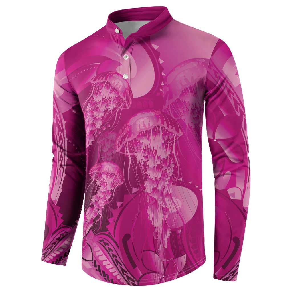Pink Gradient Polynesia Jellyfish Button Sweatshirt Plumeria Polynesian Tattoo Glowing Vibes LT14 - Polynesian Pride