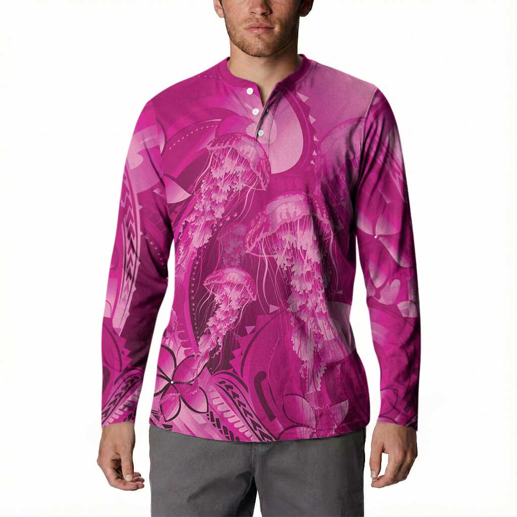 Pink Gradient Polynesia Jellyfish Button Sweatshirt Plumeria Polynesian Tattoo Glowing Vibes LT14 - Polynesian Pride