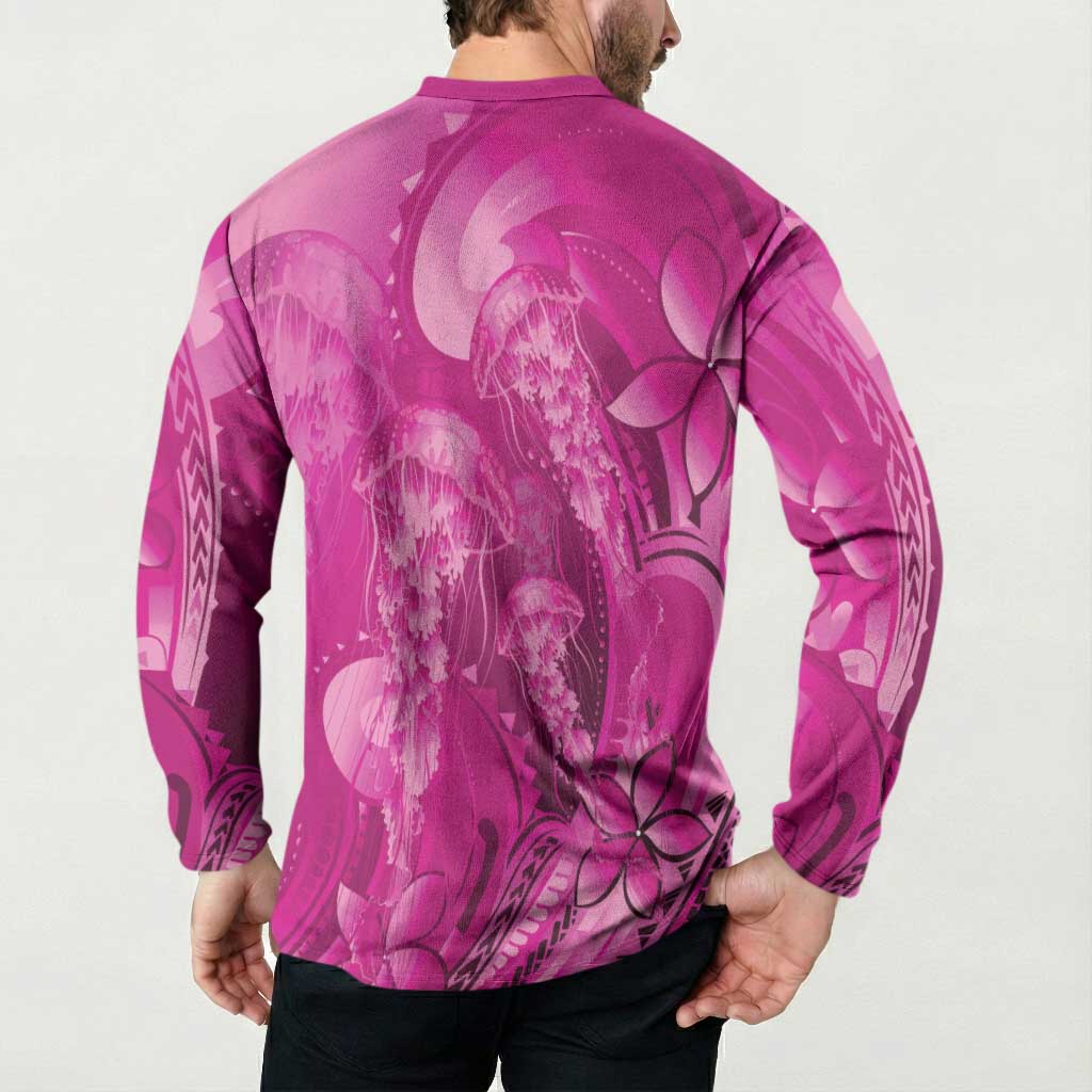 Pink Gradient Polynesia Jellyfish Button Sweatshirt Plumeria Polynesian Tattoo Glowing Vibes LT14 - Polynesian Pride