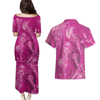 Pink Gradient Polynesia Jellyfish Couples Matching Puletasi and Hawaiian Shirt Plumeria Polynesian Tattoo Glowing Vibes LT14 - Polynesian Pride