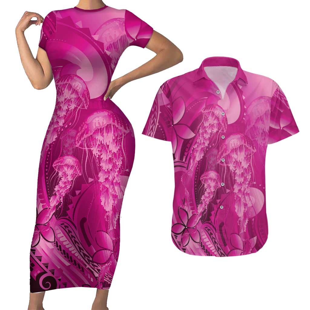 Pink Gradient Polynesia Jellyfish Couples Matching Short Sleeve Bodycon Dress and Hawaiian Shirt Plumeria Polynesian Tattoo Glowing Vibes LT14 Pink - Polynesian Pride