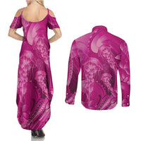 Pink Gradient Polynesia Jellyfish Couples Matching Summer Maxi Dress and Long Sleeve Button Shirt Plumeria Polynesian Tattoo Glowing Vibes LT14 - Polynesian Pride