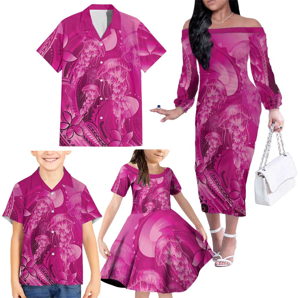 Pink Gradient Polynesia Jellyfish Family Matching Off The Shoulder Long Sleeve Dress and Hawaiian Shirt Plumeria Polynesian Tattoo Glowing Vibes