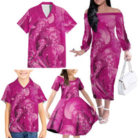 Pink Gradient Polynesia Jellyfish Family Matching Off The Shoulder Long Sleeve Dress and Hawaiian Shirt Plumeria Polynesian Tattoo Glowing Vibes