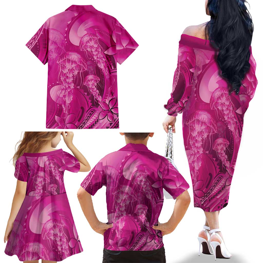 Pink Gradient Polynesia Jellyfish Family Matching Off The Shoulder Long Sleeve Dress and Hawaiian Shirt Plumeria Polynesian Tattoo Glowing Vibes
