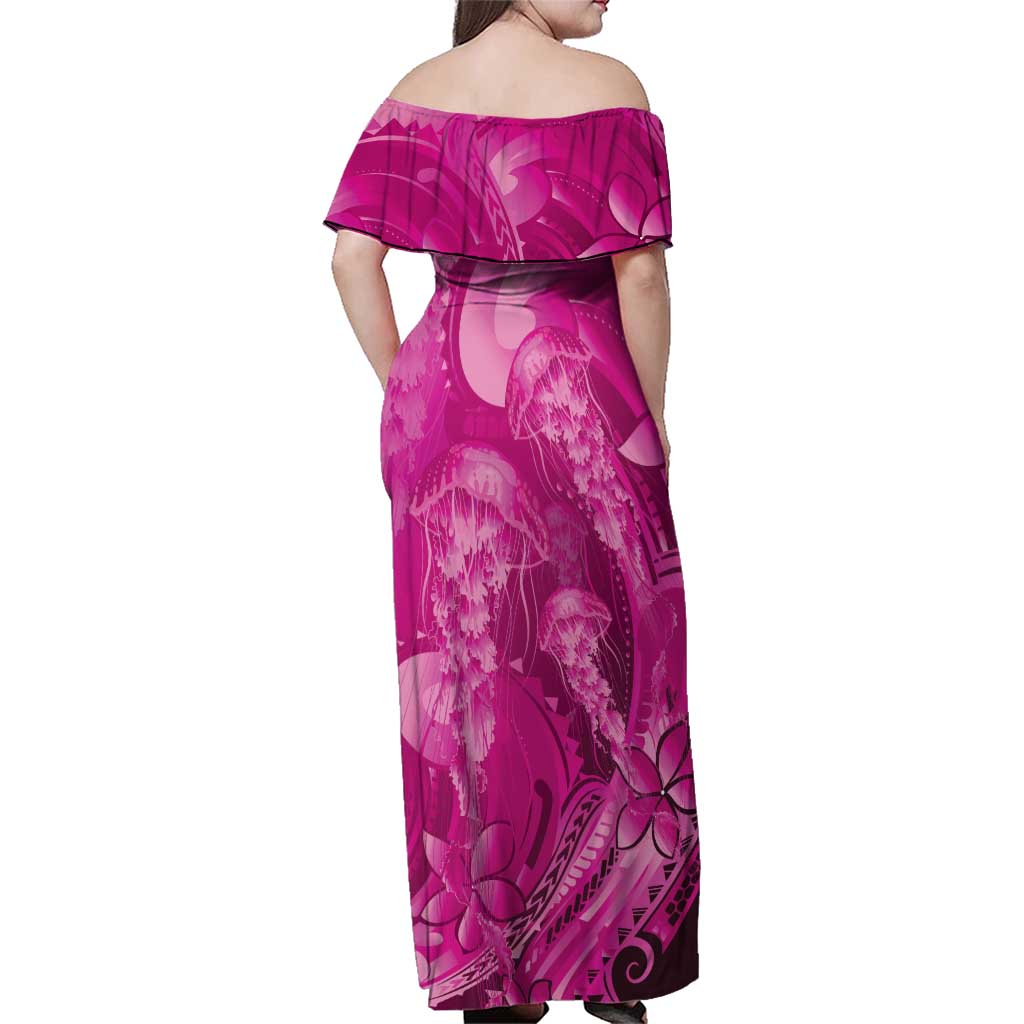 Pink Gradient Polynesia Jellyfish Family Matching Off Shoulder Maxi Dress and Hawaiian Shirt Plumeria Polynesian Tattoo Glowing Vibes