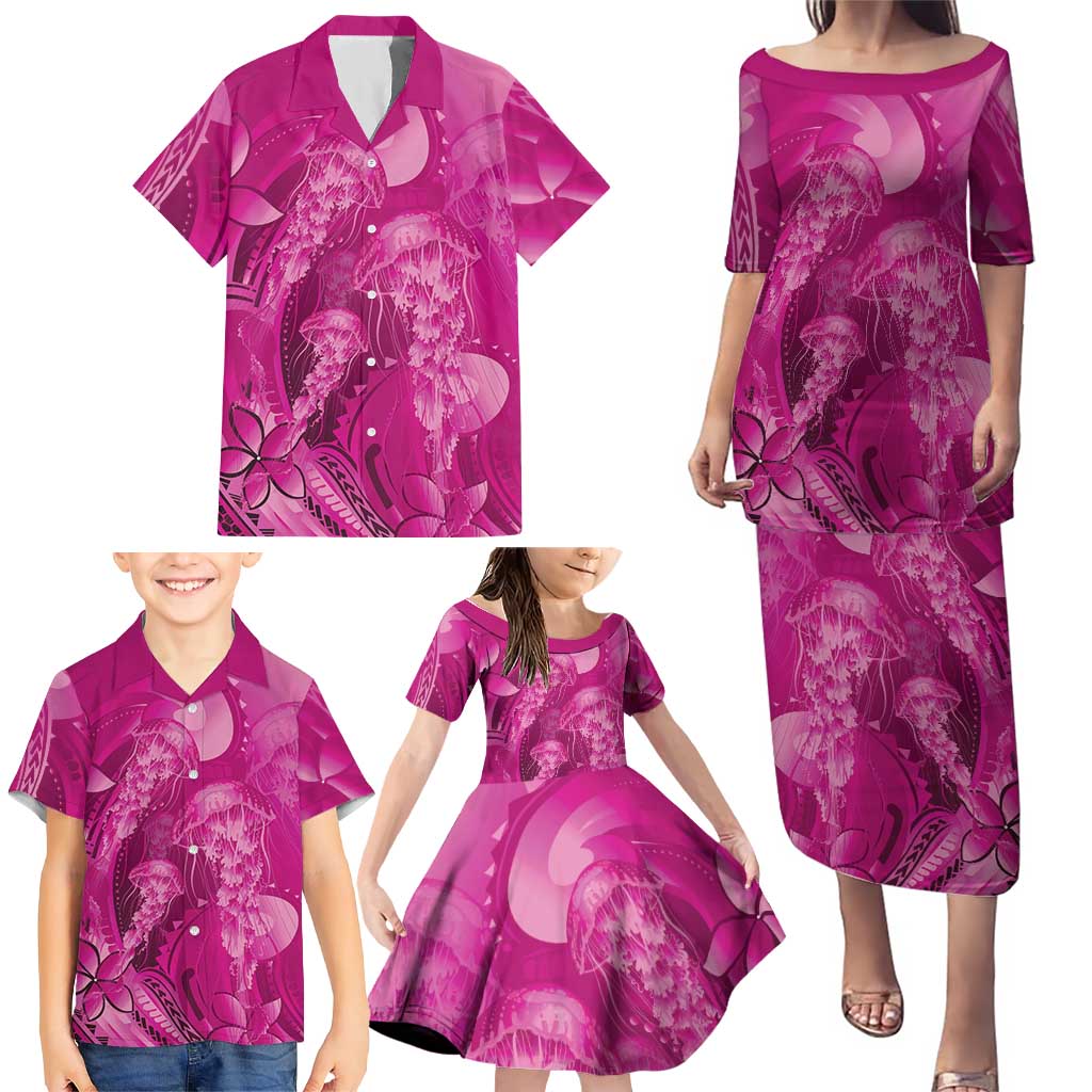 Pink Gradient Polynesia Jellyfish Family Matching Puletasi and Hawaiian Shirt Plumeria Polynesian Tattoo Glowing Vibes LT14 - Polynesian Pride