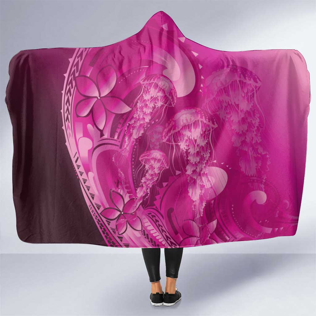 Pink Gradient Polynesia Jellyfish Hooded Blanket Plumeria Polynesian Tattoo Glowing Vibes LT14 One Size Pink - Polynesian Pride