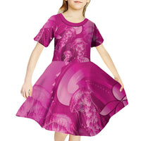 Pink Gradient Polynesia Jellyfish Kid Short Sleeve Dress Plumeria Polynesian Tattoo Glowing Vibes LT14 - Polynesian Pride