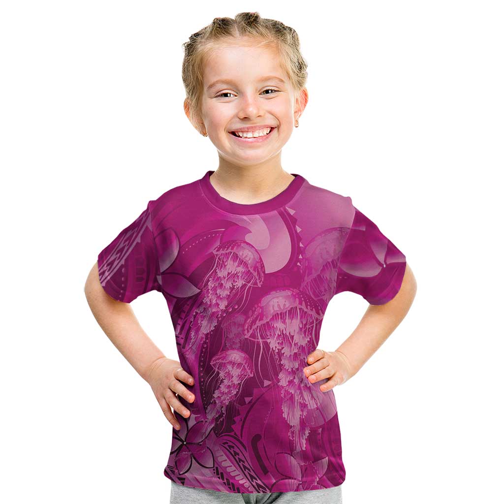 Pink Gradient Polynesia Jellyfish Kid T Shirt Plumeria Polynesian Tattoo Glowing Vibes