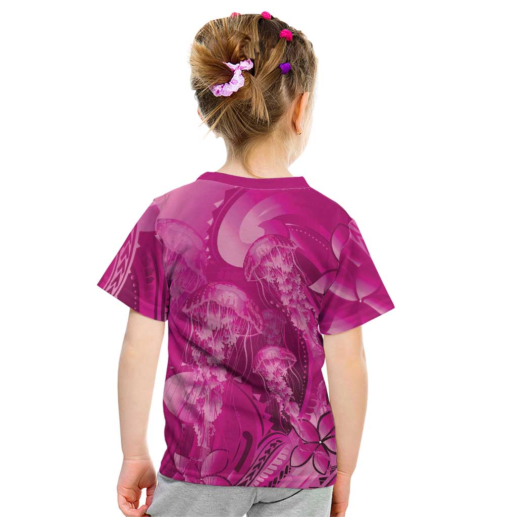 Pink Gradient Polynesia Jellyfish Kid T Shirt Plumeria Polynesian Tattoo Glowing Vibes