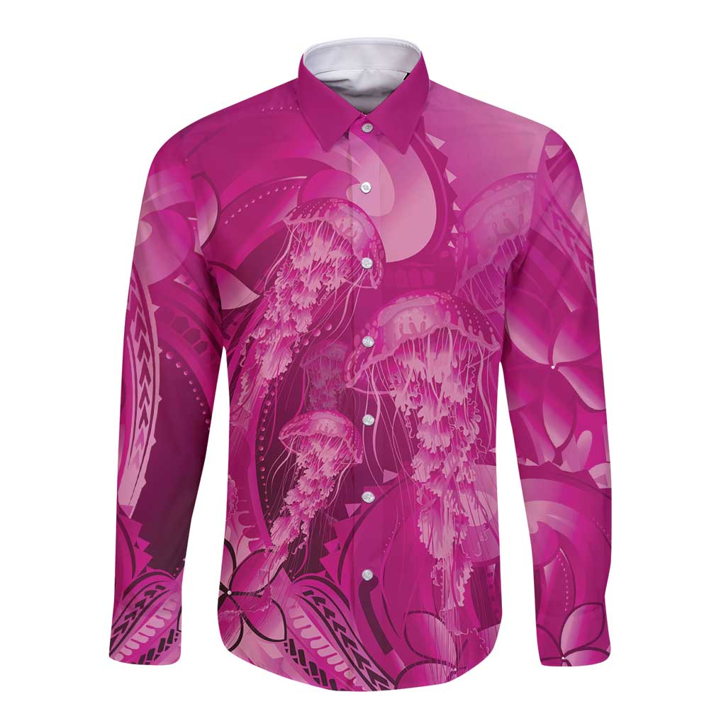 Pink Gradient Polynesia Jellyfish Long Sleeve Button Shirt Plumeria Polynesian Tattoo Glowing Vibes LT14 Unisex Pink - Polynesian Pride