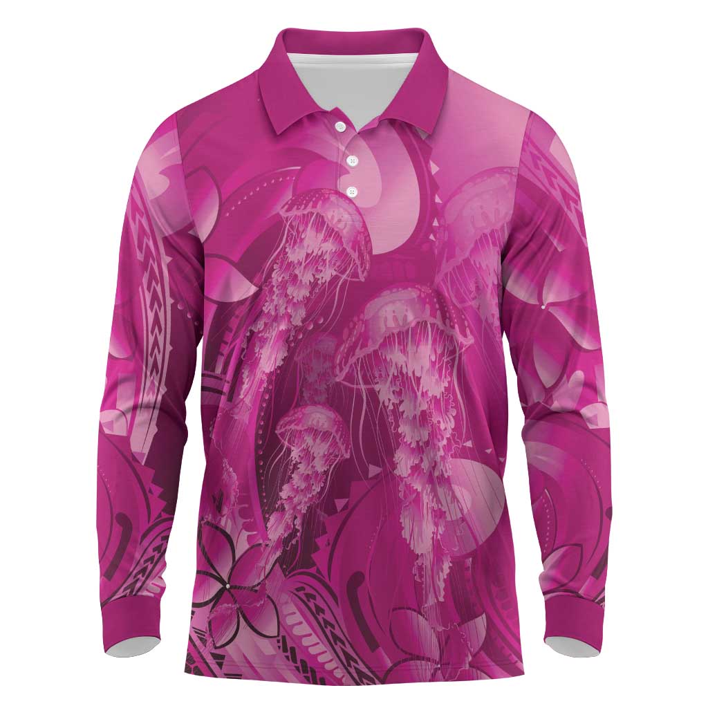 Pink Gradient Polynesia Jellyfish Long Sleeve Polo Shirt Plumeria Polynesian Tattoo Glowing Vibes LT14 Pink - Polynesian Pride