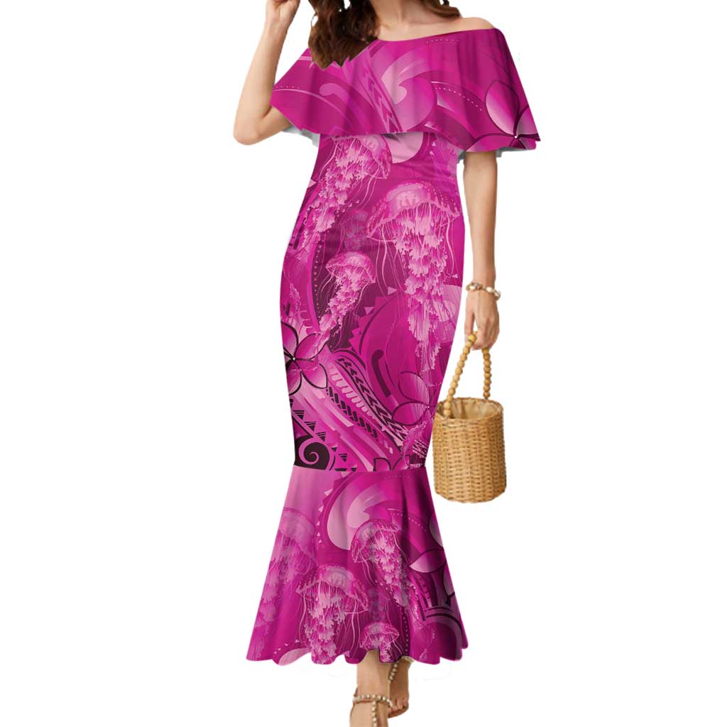 Pink Gradient Polynesia Jellyfish Mermaid Dress Plumeria Polynesian Tattoo Glowing Vibes LT14 Women Pink - Polynesian Pride