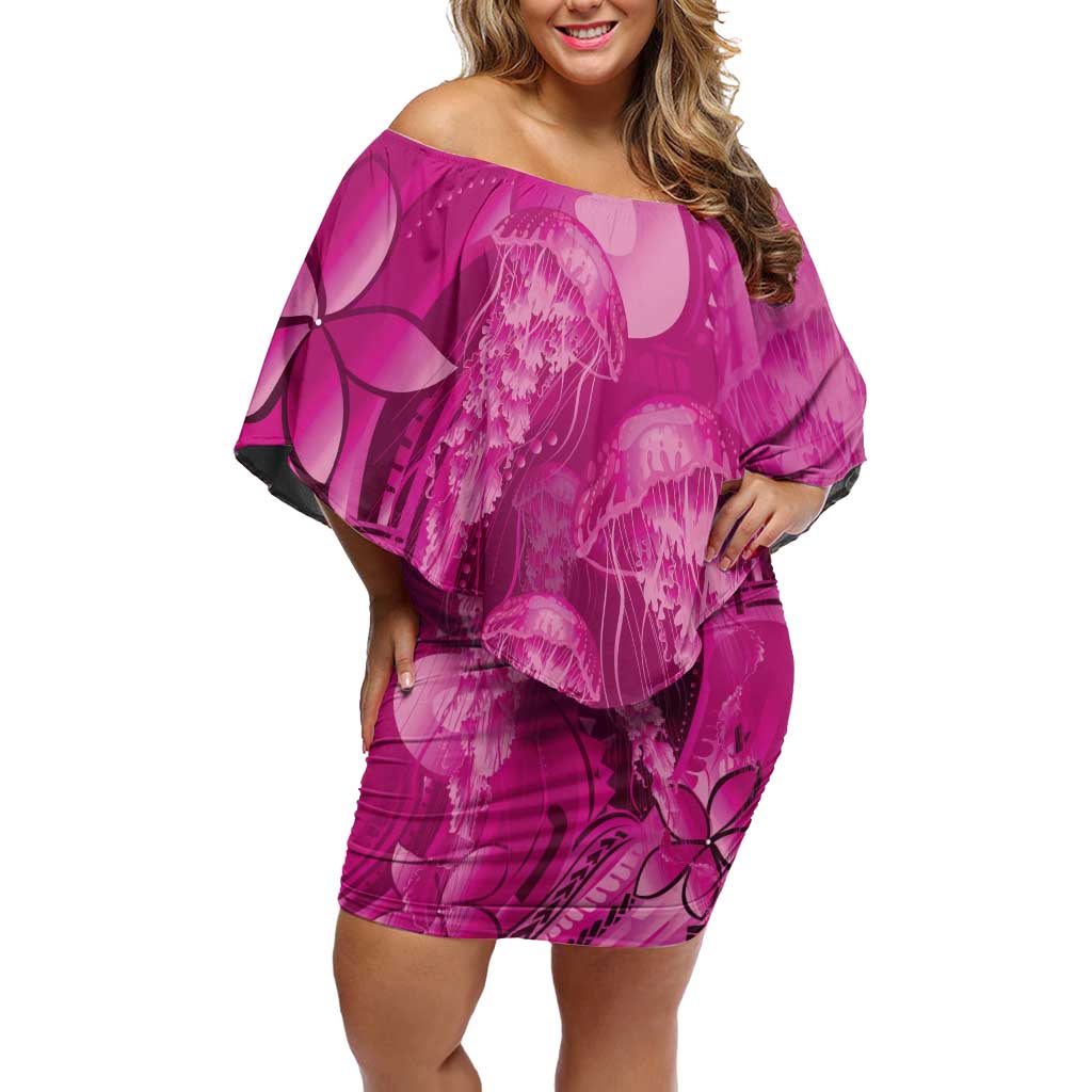 Pink Gradient Polynesia Jellyfish Off Shoulder Short Dress Plumeria Polynesian Tattoo Glowing Vibes LT14 Women Pink - Polynesian Pride