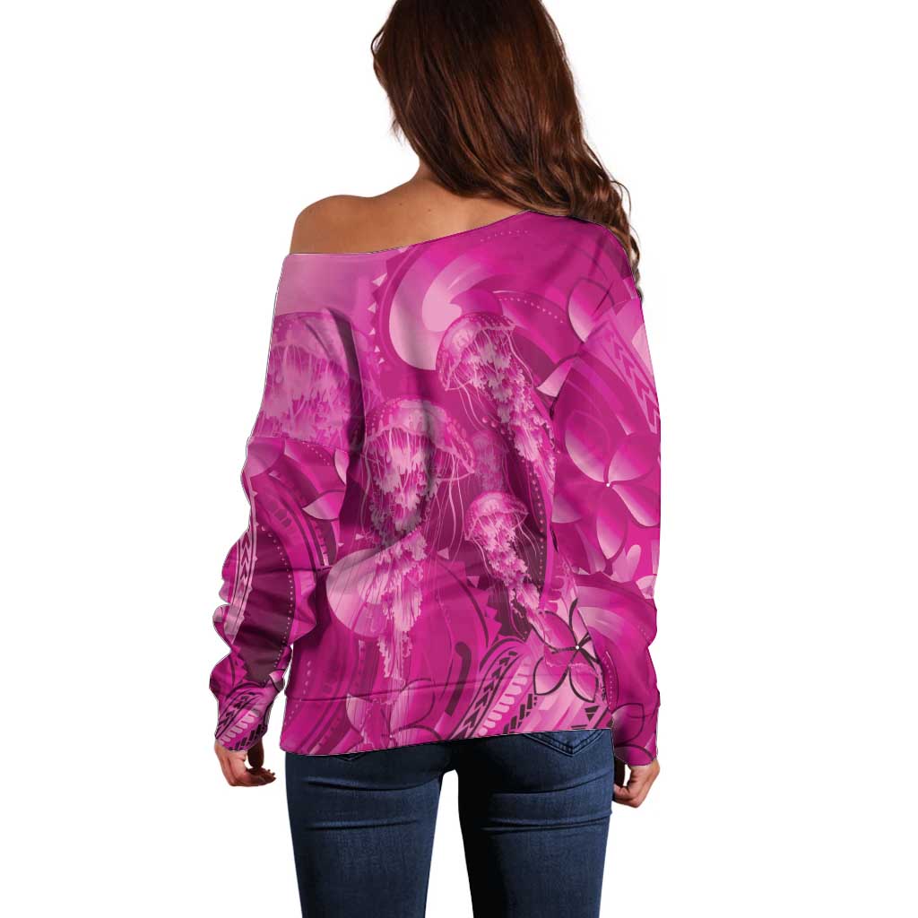 Pink Gradient Polynesia Jellyfish Off Shoulder Sweater Plumeria Polynesian Tattoo Glowing Vibes LT14 - Polynesian Pride